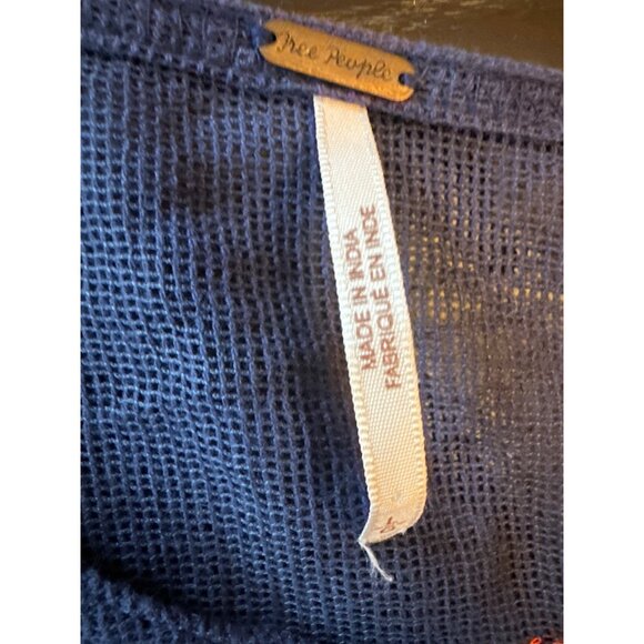 Free People Womens Large Blue Embroidered Linen Blend Top Love Letter Boho - Picture 2 of 7